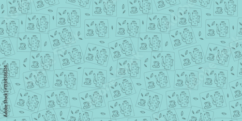 Teapot and cup with saucer. Drawings, sketches, doodles. Leaves and tea utensils. Hot drink, coffee, tea. Tea leaf, mint. Seamless pattern.