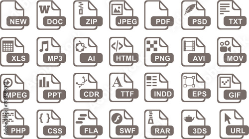 Vector File Extension Icon Set for Computer Documents, Media Formats, and Software Programs