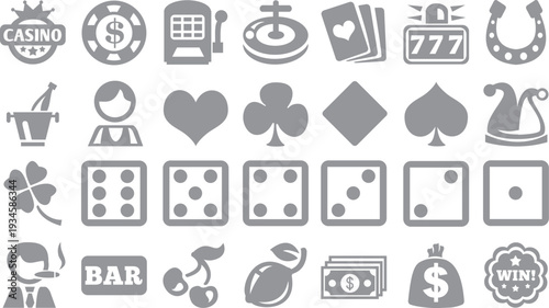 Casino and Gambling Vector Icon Set – Monochrome Gaming Symbols