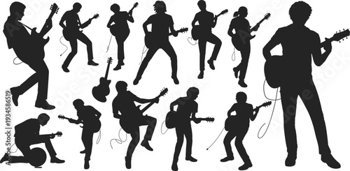 Silhouette electric guitar players in dynamic poses, live rock performance, energetic music entertainment, artistic concert illustration, creative design