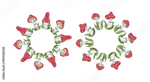  Amanita, fly agaric, mushrooms, leaves. Set of round frames, banners with space for text. Hand drawn icons, doodle drawings, summer nature illustration.
