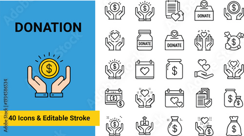 Donation with hands holding coins and hearts charity