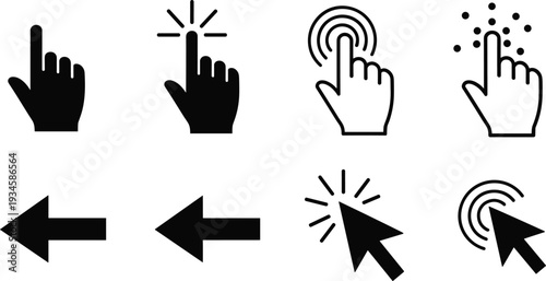 Comprehensive vector icon set featuring interactive hand cursors, mouse pointers, download symbols, directional arrows, back buttons, and digital touch interface elements.