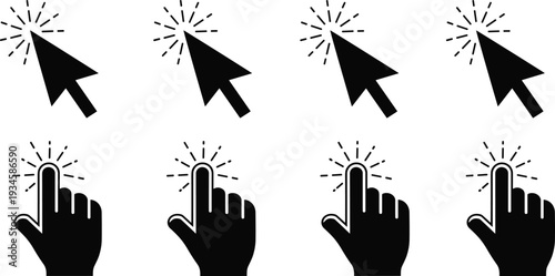 Computer mouse cursor and hand click icons set, web pointer symbols, digital selection elements, interface navigation graphics, interactive button triggers, vector