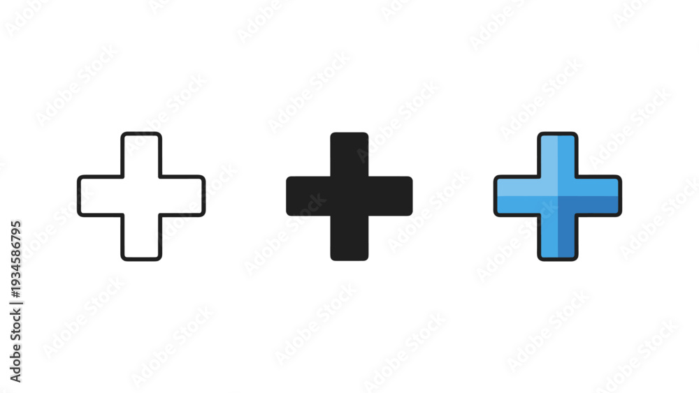 Obraz premium 3D medical cross icons set in white, black, and blue colors for healthcare, first aid, and medical symbols design