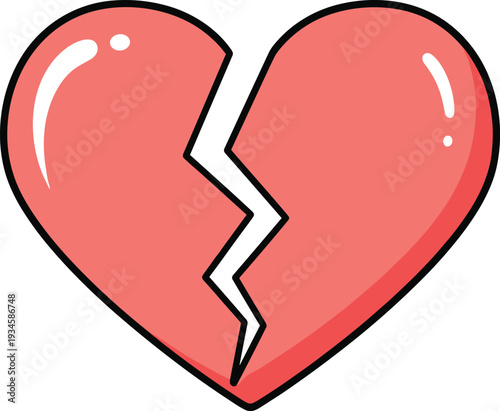 Cartoon broken heart illustration with glossy red shine and jagged black crack, emotional artwork symbolizing love loss, heartbreak concept, and sadness design icon