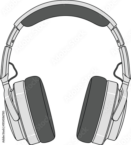 Detailed over‑ear headphones illustration with cushioned ear cups, padded headband, adjustable frame, ergonomic audio design, music listening artwork, and personal entertainment symbol