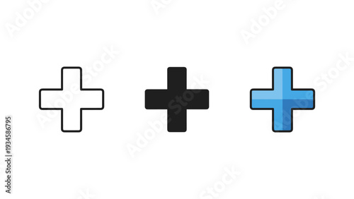 3D medical cross icons set in white, black, and blue colors for healthcare, first aid, and medical symbols design