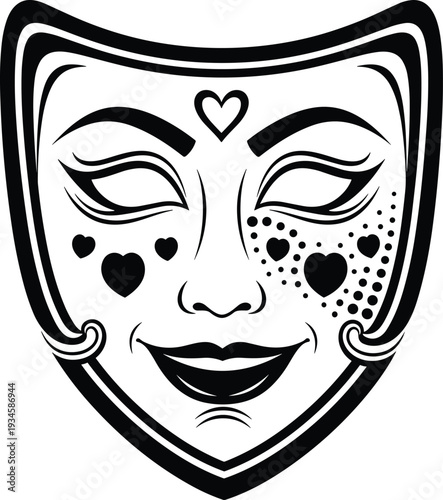 Stylized theatrical mask illustration with smiling face, ornate heart decorations, bold black outlines, artistic performance symbol, love and joy concept, expressive cultural design artwork