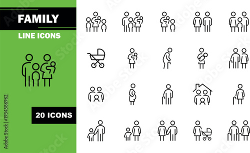 Family line icon set with 20 black outline figures of couples, parents, children, elderly and strollers on white background