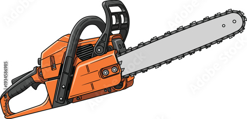 Detailed orange and black chainsaw illustration with guide bar, cutting chain, handles, and protective guard, forestry tool artwork, wood cutting equipment design, logging and carpentry concept