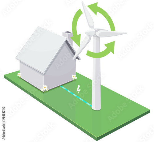 Isometric house powered by a wind turbine, symbolizing renewable energy, eco-friendly lifestyle, and sustainable power generation for modern homes. (cut out)