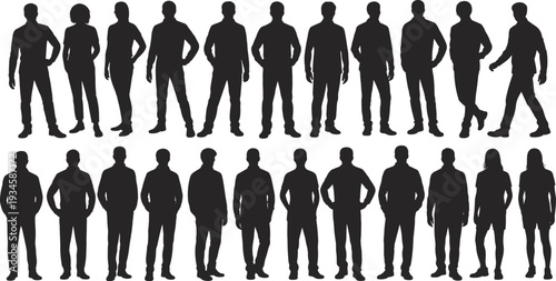 Silhouette group of diverse people standing in various poses, human posture, lifestyle diversity, demographic concept, artistic illustration design