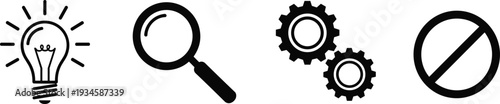 Creative idea icon set with magnifying glass, mechanical gears, and prohibited sign for innovation, research, technical analysis, and business restrictions.