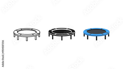 Trampoline set isolated black and blue colors vector illustration outdoor fun activity equipment kids exercise fitness