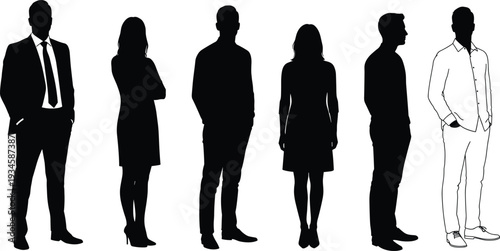 Silhouette group of men and women standing together, business and casual attire, diversity, fashion, identity, teamwork, gender representation, concept