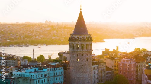 Wallpaper Mural Cinematic aerial shot of Galata Tower at sunset in Istanbul, Turkey Torontodigital.ca