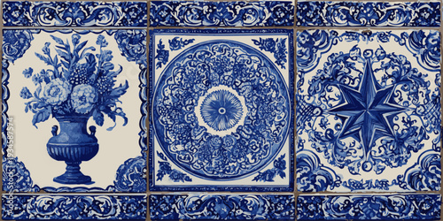 Traditional blue and white Portuguese Azulejo tiles with floral, mandala, and compass designs.