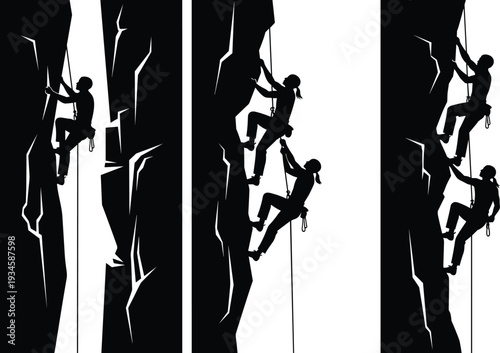 Rock climber silhouettes ascending steep cliff faces, extreme mountaineering adventure sport, black vector illustration isolated on white background design