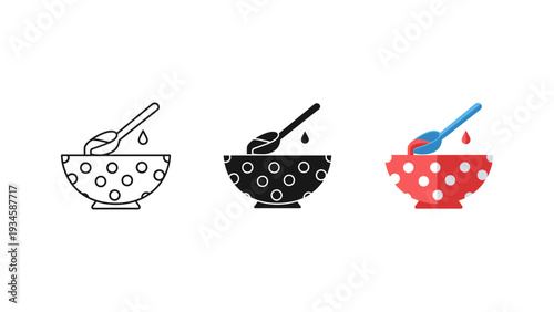 Three cooking ladles with dripping sauces isolated on white background vector illustration