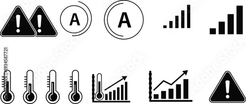Dashboard interface icons set, warning alert signs, temperature thermometer gauge, signal strength bars, growth chart data, technical status indicator vector