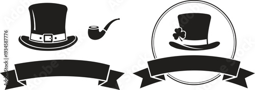 A black and white illustration featuring top hats a pipe shamrock and decorative ribbons