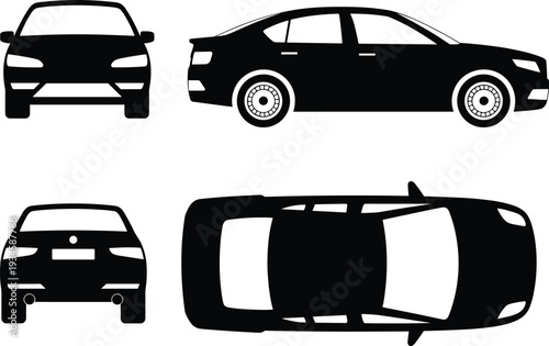 Car silhouette set with front side rear and top views, modern sedan vehicle vector illustration isolated on white background