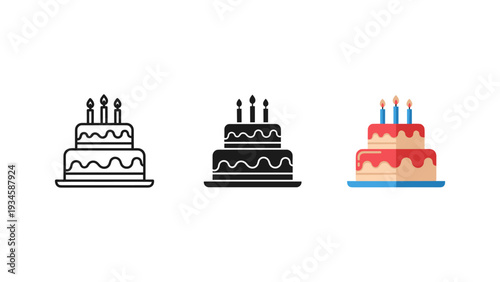 Three tier birthday cakes set with candles flat design vector illustration for celebration party dessert