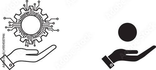 Digital innovation vector icon, hand holding circuit gear, futuristic technology solution, smart thinking, internet idea, network, creative engineering, potential, power.