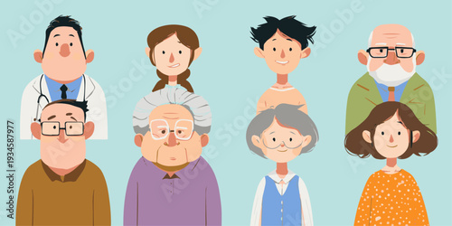 Diverse group of cartoon people representing different ages and professions on a light blue background.