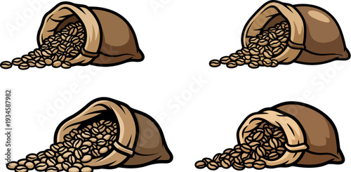 Set of 4 Spilled Coffee Bean Sacks Vector Illustration