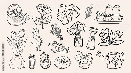 Hand Drawing spring elements line art vector illustration set, Unique hand made vector art of spring illustration