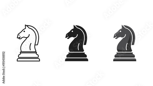 Three chess knight pieces in black and white minimalist flat design for strategy and competition concept