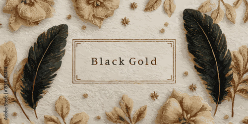 Elegant floral design with black feathers and gold accents, luxurious and sophisticated aesthetic.