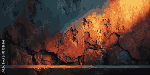 Textured, weathered wall with dramatic orange and blue light, evoking a sense of decay and warmth.