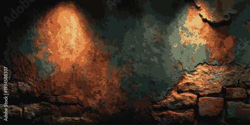Textured, weathered wall with dramatic orange and blue light, evoking a sense of decay and warmth.