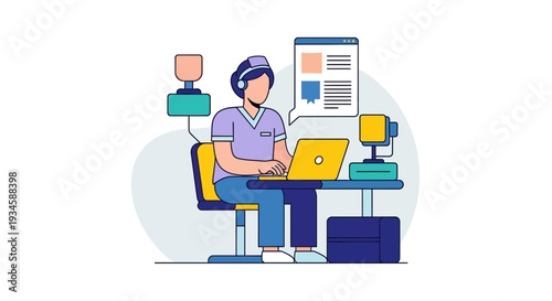 Man Working on Laptop with Headphones.