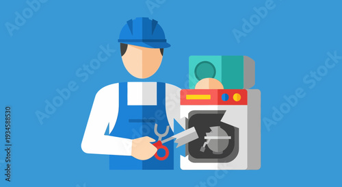 Technician Repairing Washing Machine with Tools.
