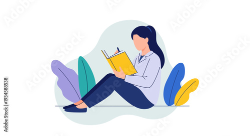 Woman Sitting Reading Book Relaxing Illustration.