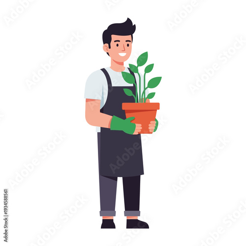 Gardener holding potted plant in cartoon style with bright green leaves in flat design for gardening website