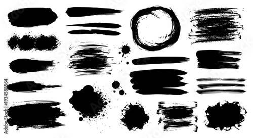 Brush strokes set with black grunge texture featuring abstract, paint, ink with splatter and messy elements for