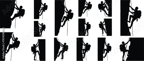 Rock Climbing Silhouette Vector Set, Collection of Mountaineer Rappelling and Ascending Poses on Cliff, Outdoor Adventure Black and White Illustration