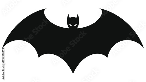 Minimalist black vampire silhouette with wide spread bat shaped cape, isolated on white background monochrome horror vector illustration, gothic Halloween stencil icon for spooky decor, stickers