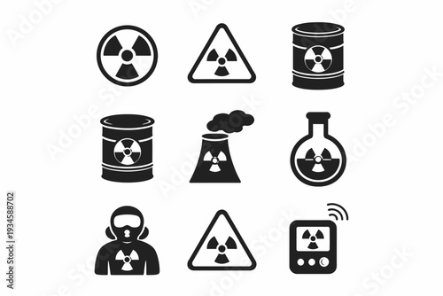Radiation warning icons set with nuclear, radioactive, and hazard symbols