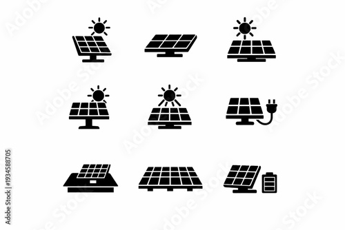 Solar panel icons: collection of sustainable energy symbol designs