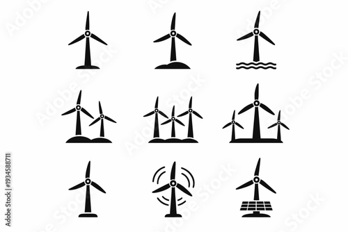 Collection of wind turbine and solar panel icons illustrating renewable energy concepts
