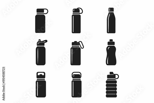 Collection of nine black water bottles in various shapes on white background