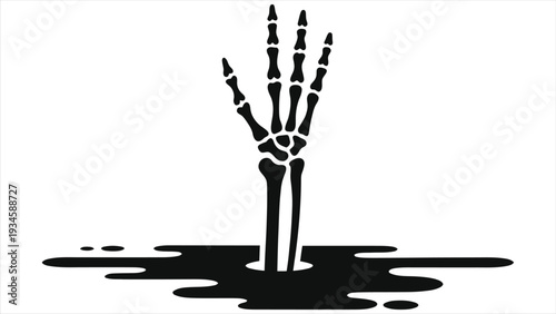 Rising Skeleton Zombie Hand Coming Out Of Ground Flat Silhouette Vector, Spooky Minimalist Black And White Halloween Horror Icon, Ideal For Sticker, Poster, Party Decoration, Print, Apparel Design 