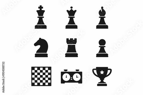 Chess pieces and icons set: king, queen, bishop, knight, rook, pawn, chessboard, timer, trophy