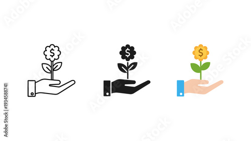 Hands nurturing money plant growth in pots with dollar signs for financial success and investment concept